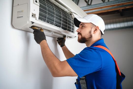 HVAC technician installing a mini split air conditioner in Newark