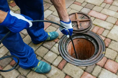 Plumber cleaning an outdoor sewer drain in Newark