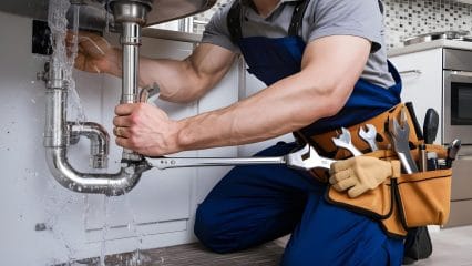 Plumber repairing pipes beneath a sink in Newark